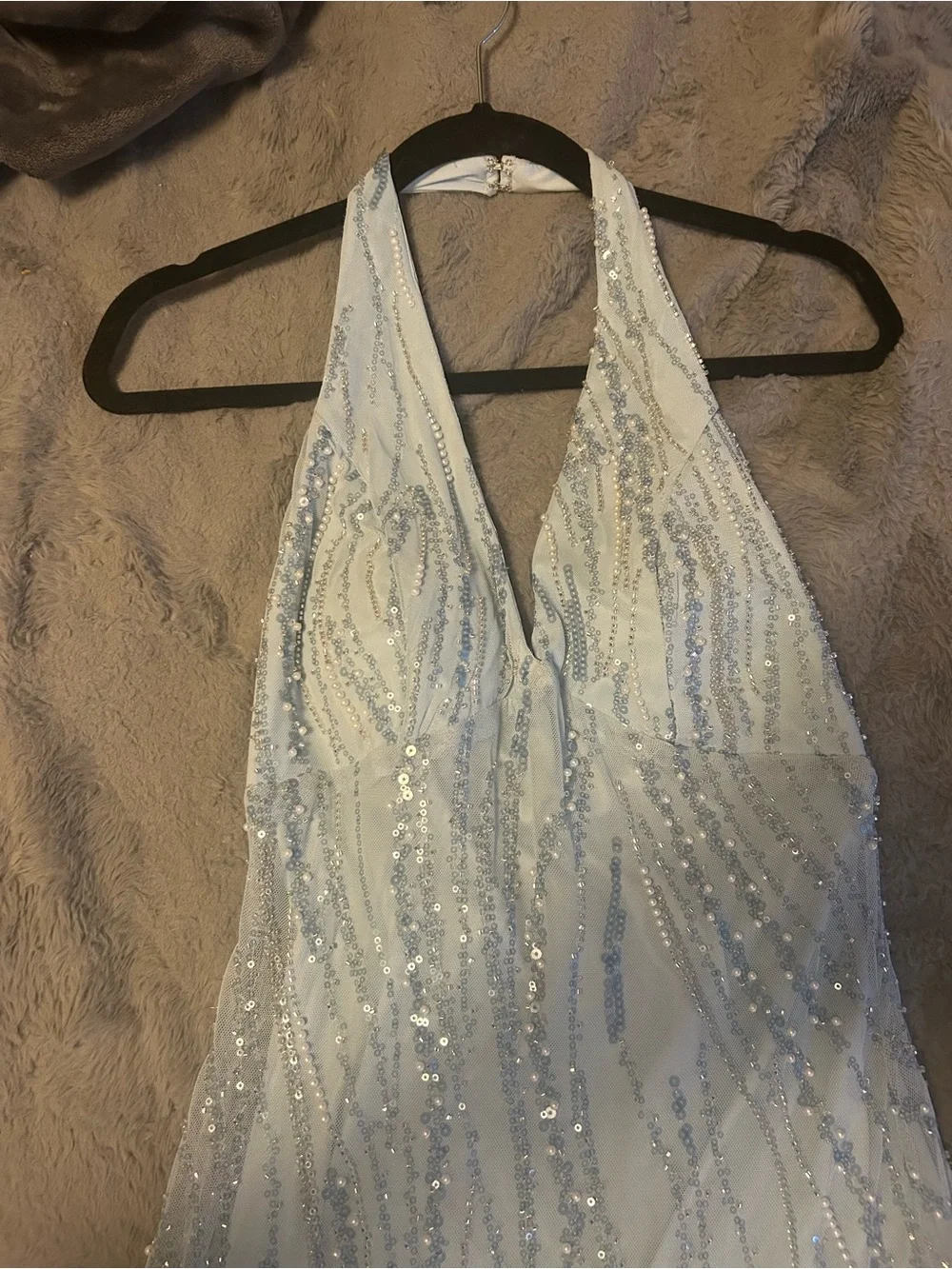 Light Blue Beaded Halter Prom Maxi Dress